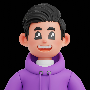 A smiling cartoon character in a purple hoodie